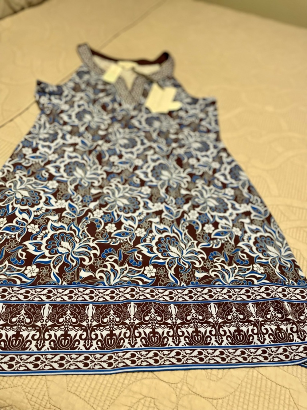 Sleeveless Floral Print A-Line Dress in Brown & Blue